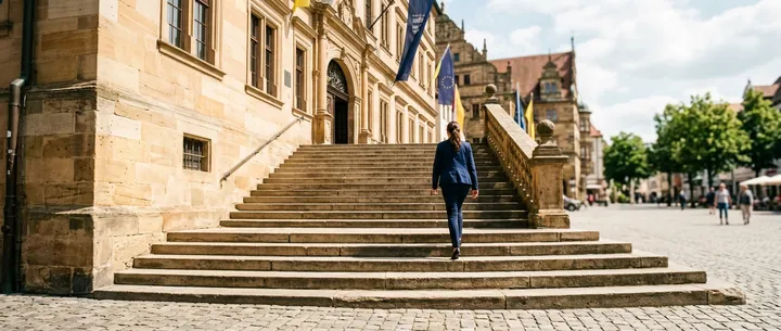 Eine Frau geht die Freitreppe eines historischen Rathauses hinauf, davor liegt ein sonniger Marktplatz.