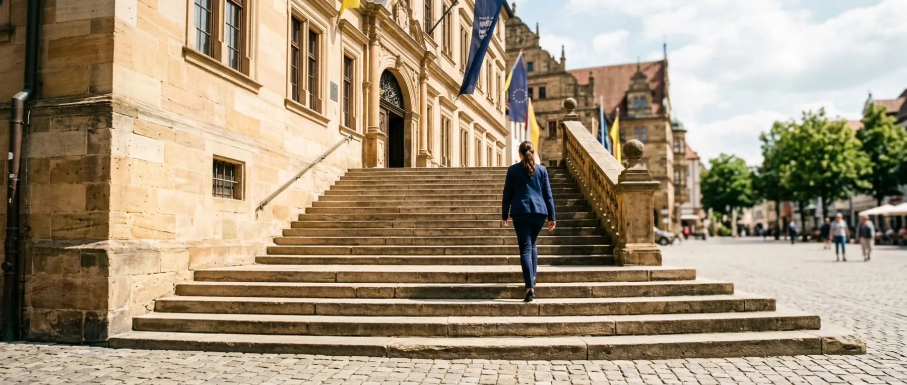 Eine Frau geht die Freitreppe eines historischen Rathauses hinauf, davor liegt ein sonniger Marktplatz.
