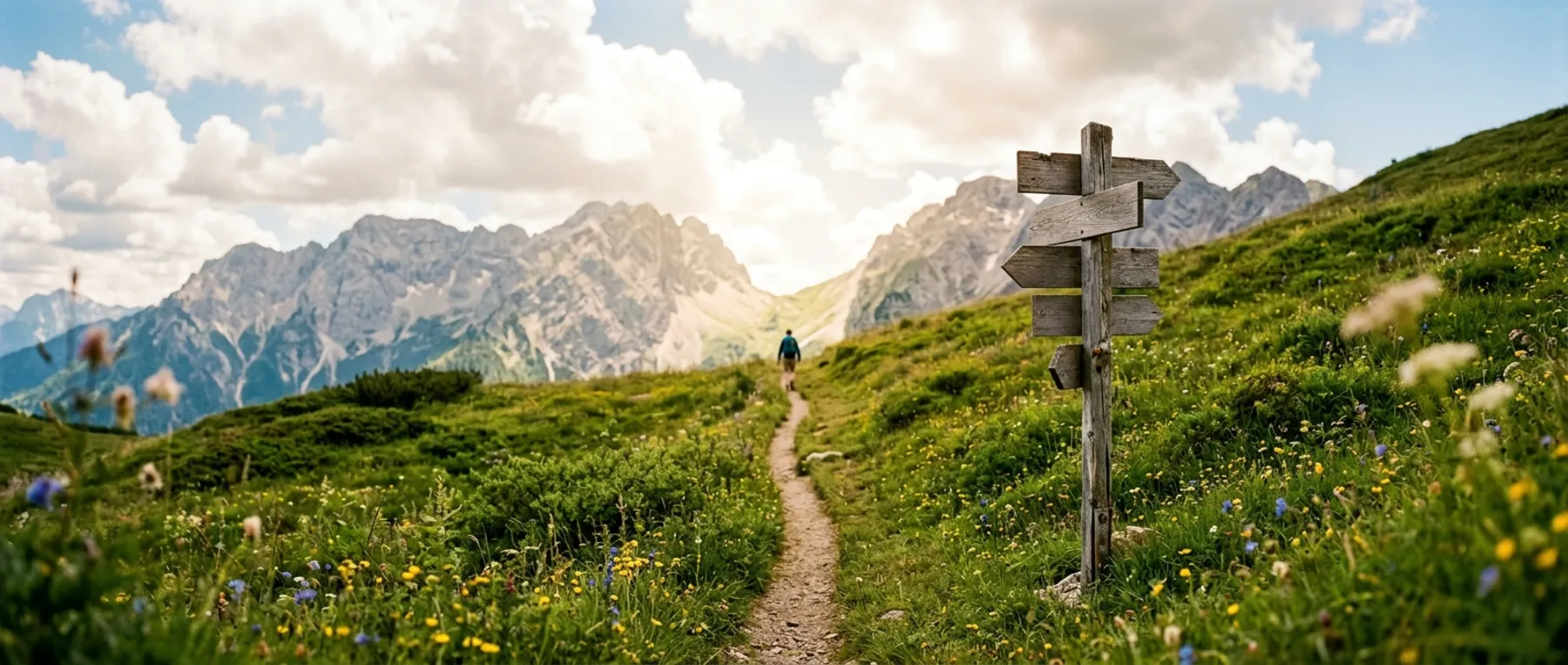 Ein schmaler Wanderweg führt durch eine Bergwiese, am Wegrand steht ein hölzerner Wegweiser ohne Beschriftung.