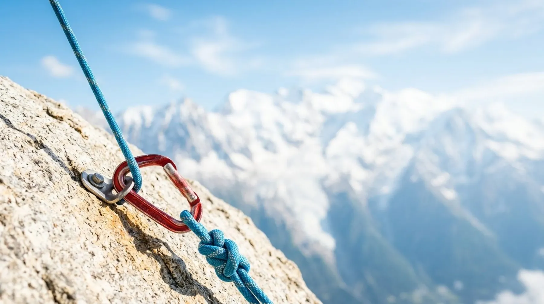 Ein Kletterseil läuft durch einen Karabiner am Fels, dahinter ein Bergpanorama.