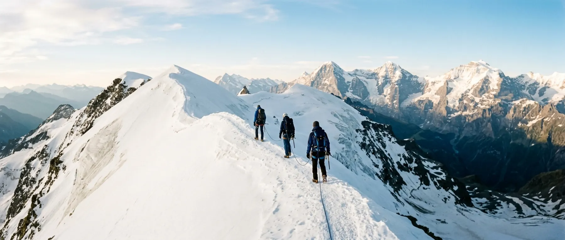 Drei Personen gehen als Seilschaft über einen verschneiten Berggrat.