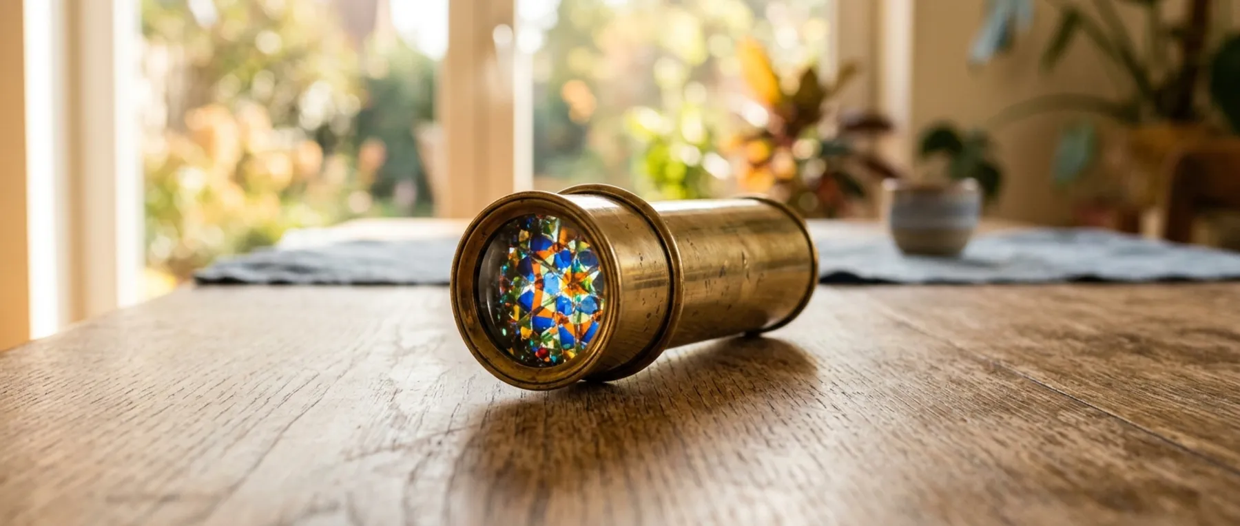 Ein Kaleidoskop aus Messing liegt auf einem Holztisch, im Objektiv steht ein farbiges Muster, dahinter ein Fenster mit Garten.